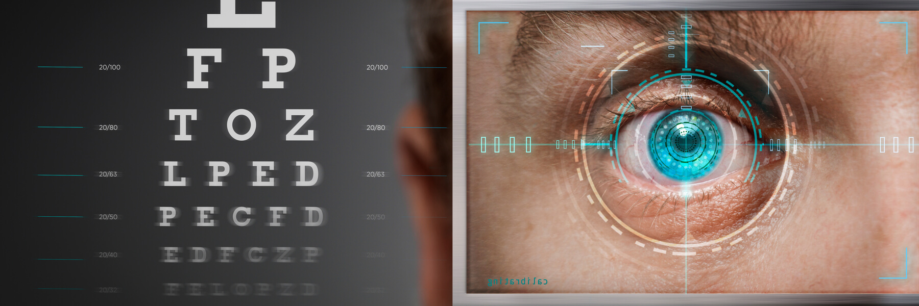 man's eye exam, next to eye chart, eye exam concept